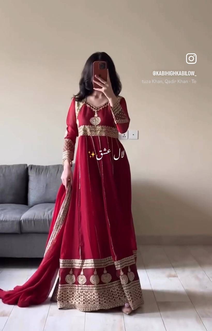 Embroidered Georgette Gown With Dupatta