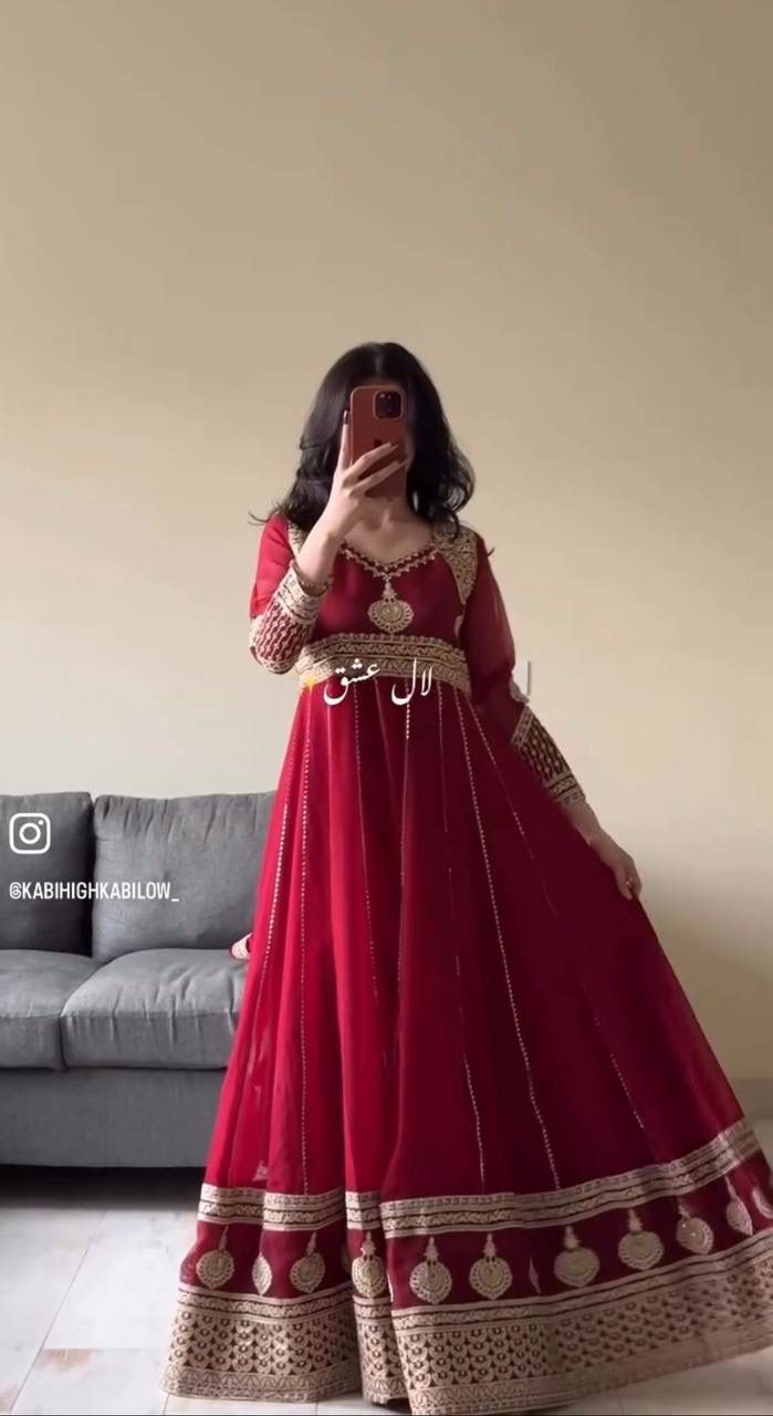 Embroidered Georgette Gown With Dupatta