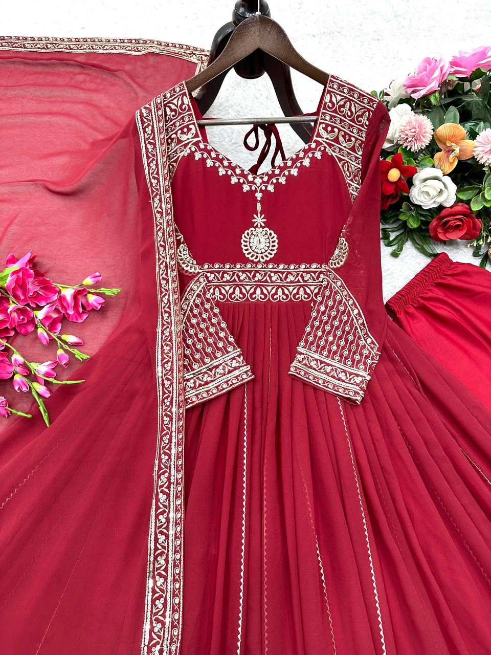 Embroidered Georgette Gown With Dupatta