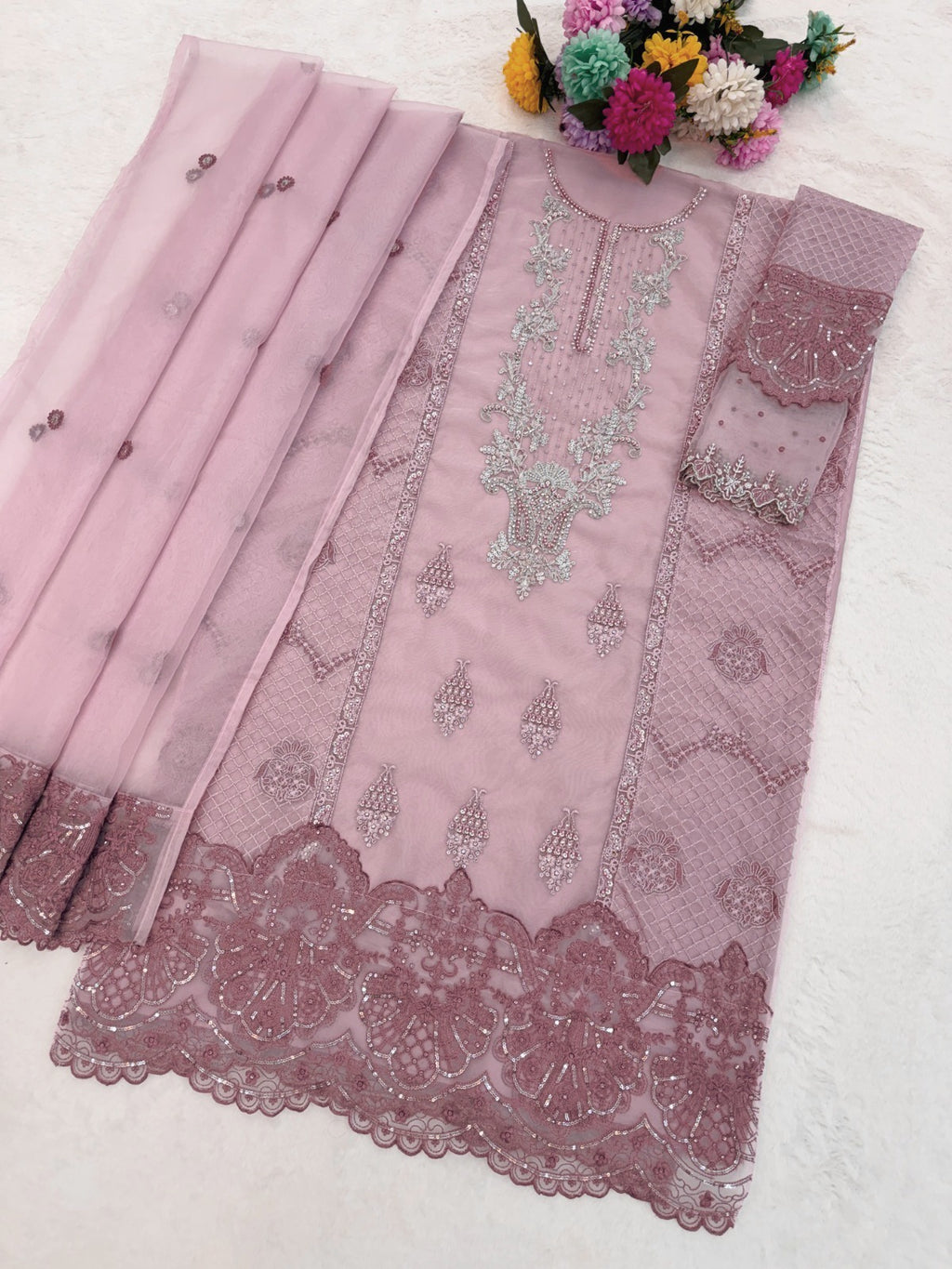 Organza Embroidered Kurta Set