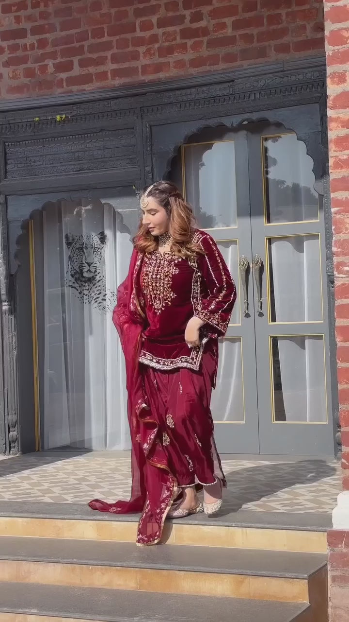 VELVET DESIGNER WEAR KURTA SALWAAR PAIR WITH SEQUENCE EMBROIDERY WORK @F