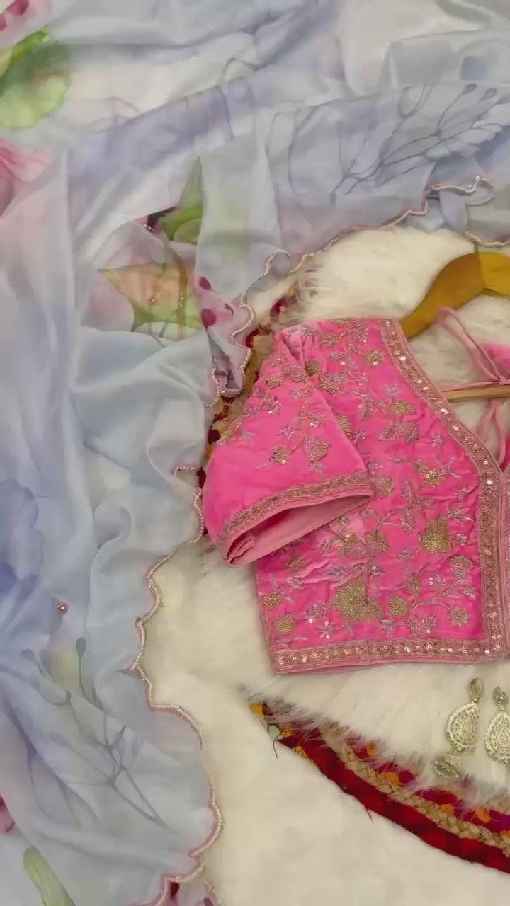 Royalstyle Saree Women's And Girls Soft taby silk With Heavy Handwork Work On Saree flower print with cutdana n pearl work on border with Arca