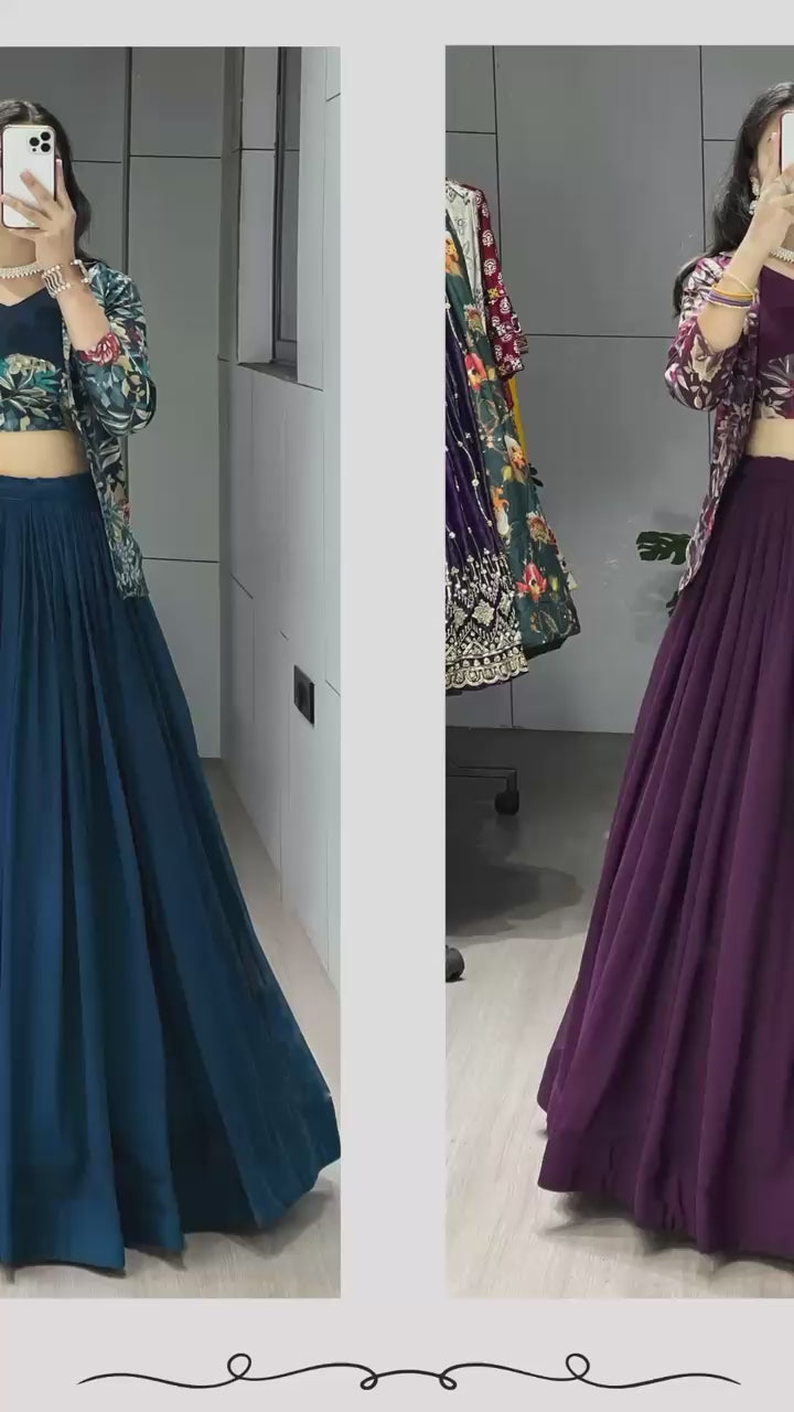 Teal Blue Georgette Foil Print Lehenga Choli with Chanderi Koti@F