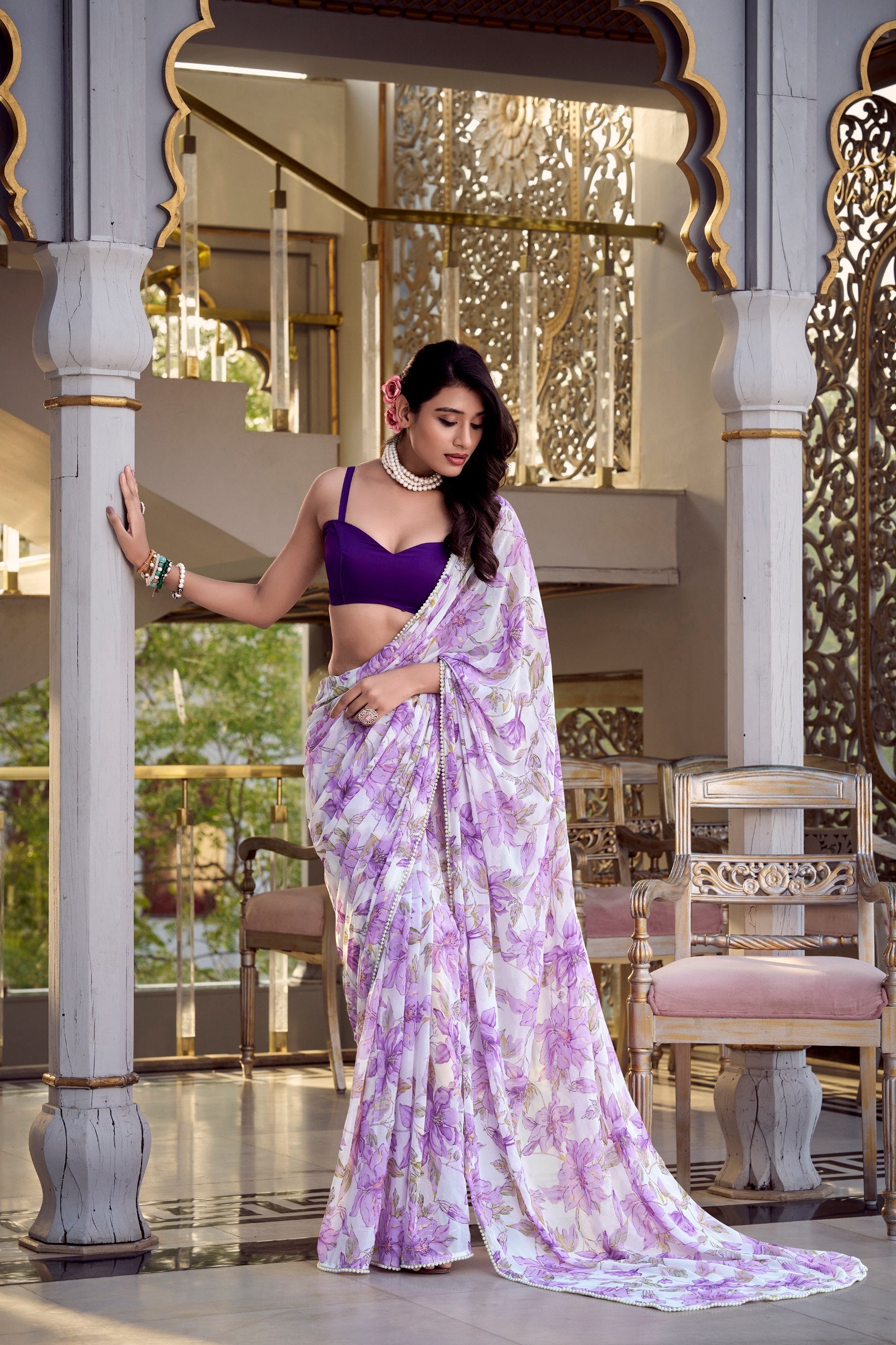 Digital Printed Violet Floral Print With Pearl Lace Border Weightless Marble Saree