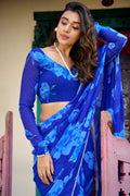 Wonderful Blue Floral Printed Chiffon Office Wear Saree With Blouse
