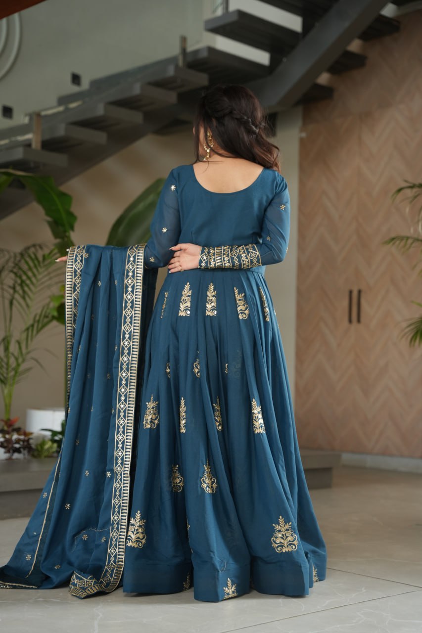 Women’s Chinnon Embroidered Gown with Dupatta | Sequins & Beads Work | Ready to Wear Ethnic Dress for Wedding & Party