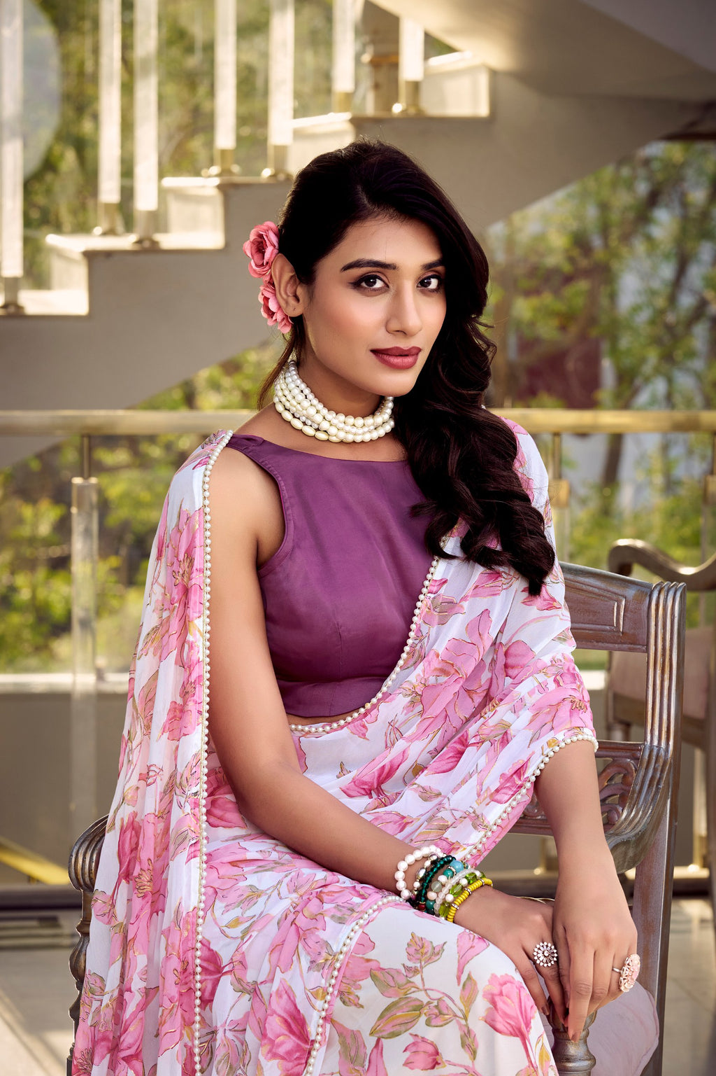 Digital Printed Violet Floral Print With Pearl Lace Border Weightless Marble Saree