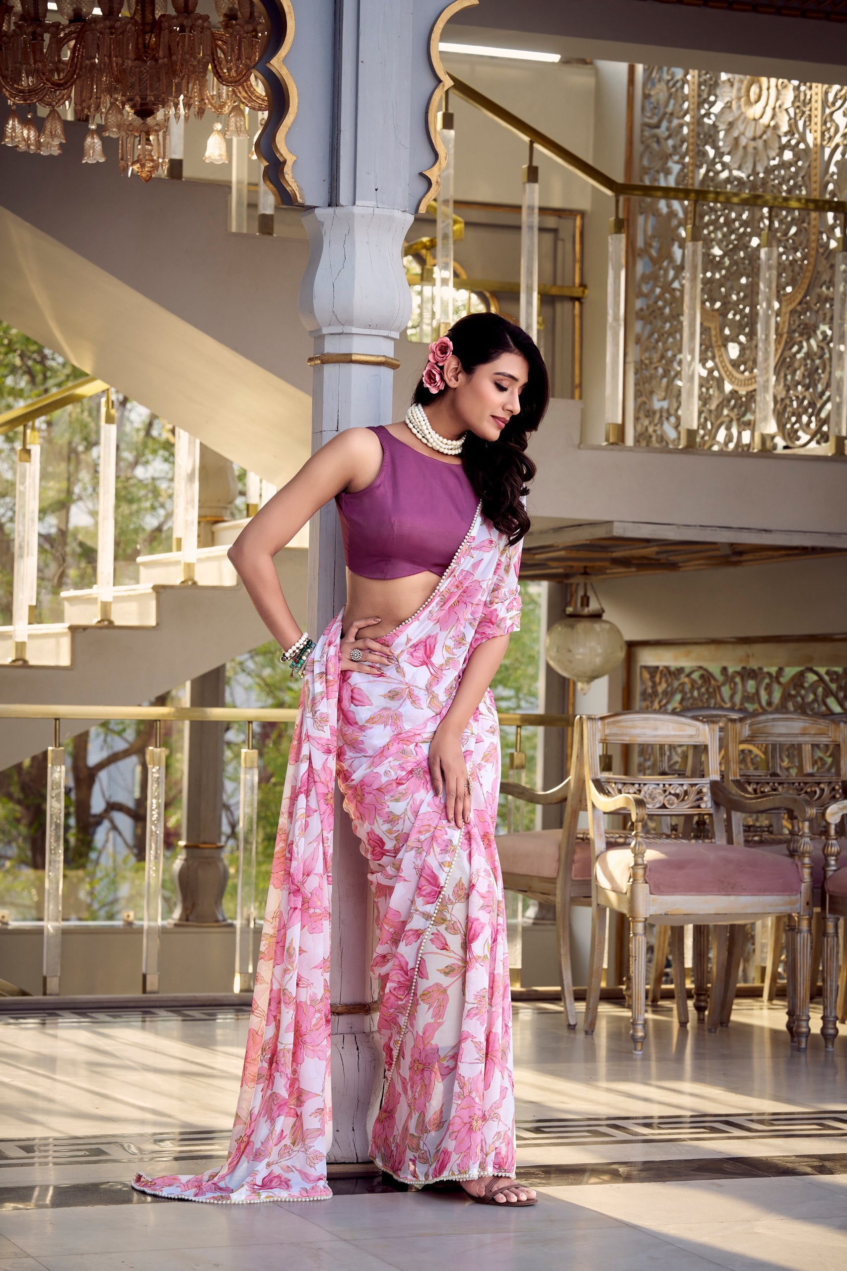 Digital Printed Violet Floral Print With Pearl Lace Border Weightless Marble Saree
