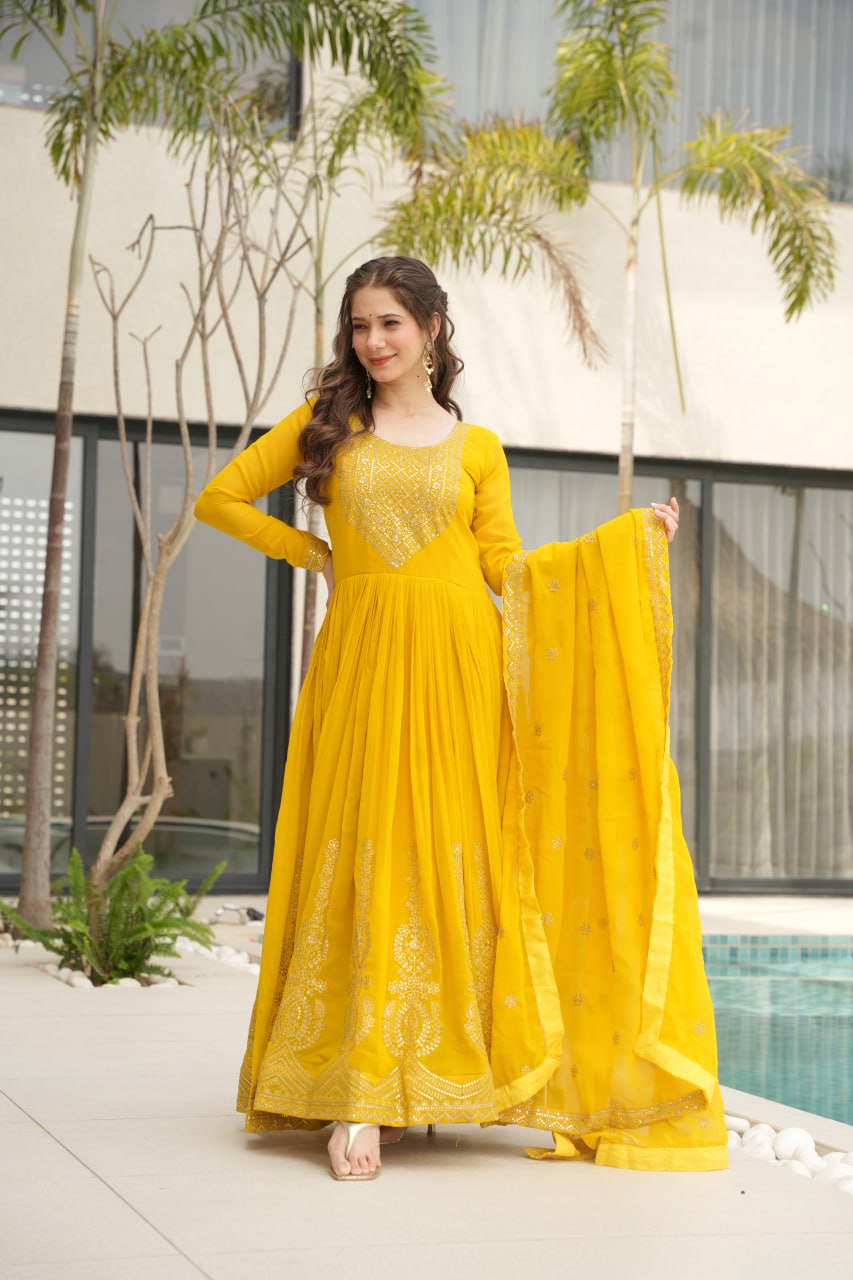 Women’s Faux Blooming Embroidered Gown with Dupatta | Zari & Sequins Work | Round Neck | Full Sleeve | Anarkali Style Ethnic Wear