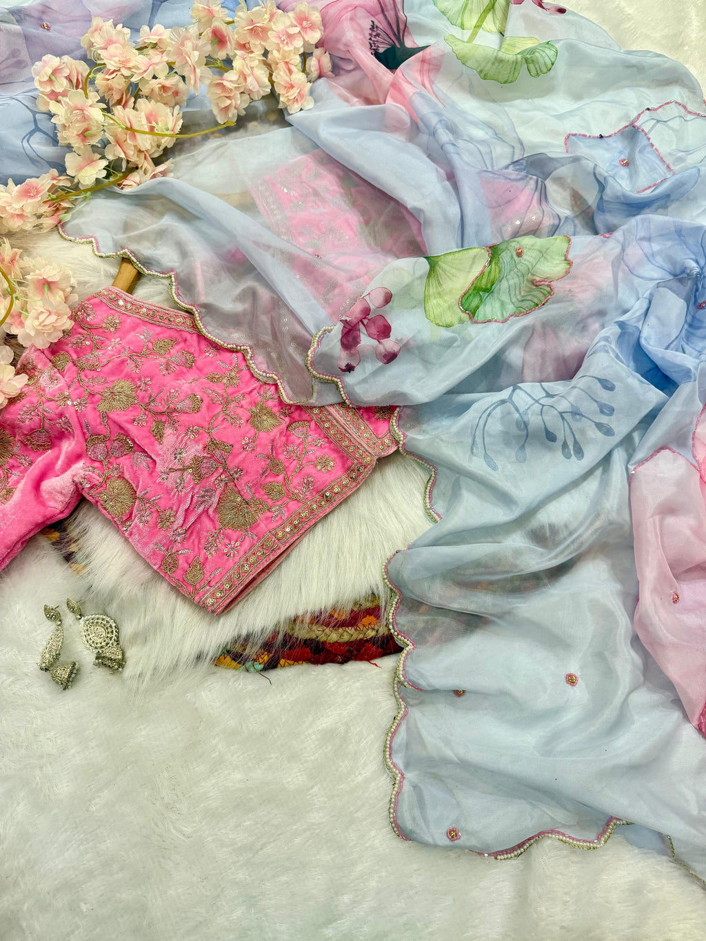 Royalstyle Saree Women's And Girls Soft taby silk With Heavy Handwork Work On Saree flower print with cutdana n pearl work on border with Arca