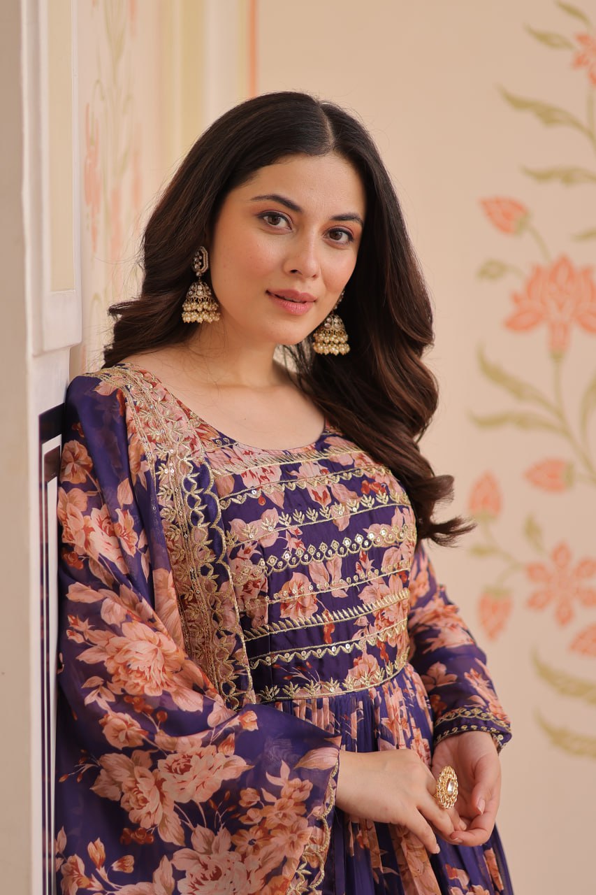 Russian Silk Rich Digital Print Premium
Readymade Gown With Embroidered
Sequins Work Less