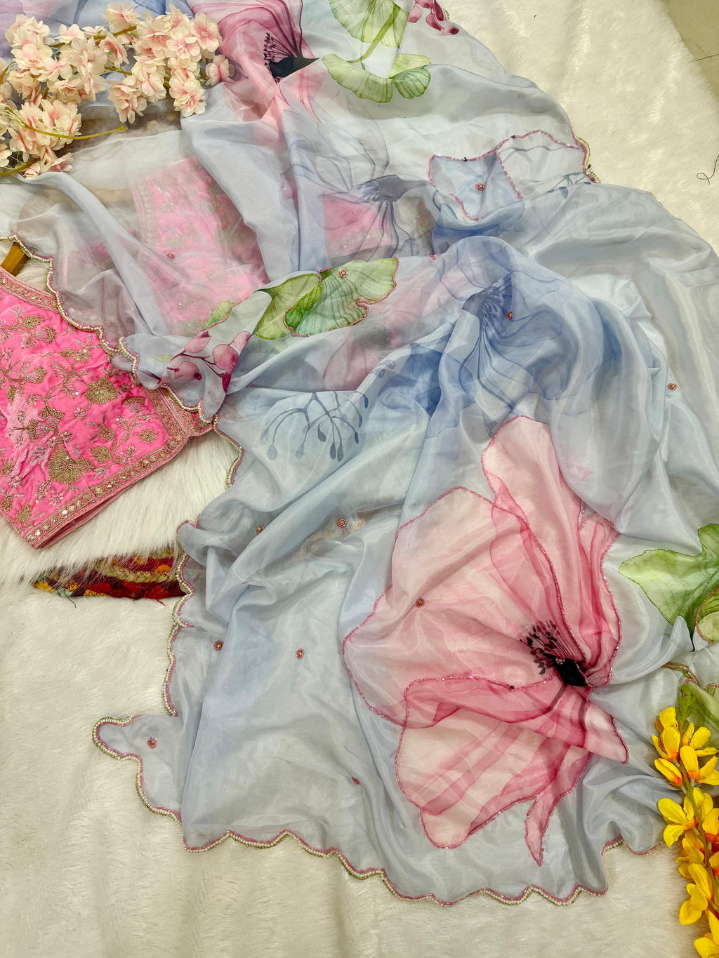 Royalstyle Saree Women's And Girls Soft taby silk With Heavy Handwork Work On Saree flower print with cutdana n pearl work on border with Arca