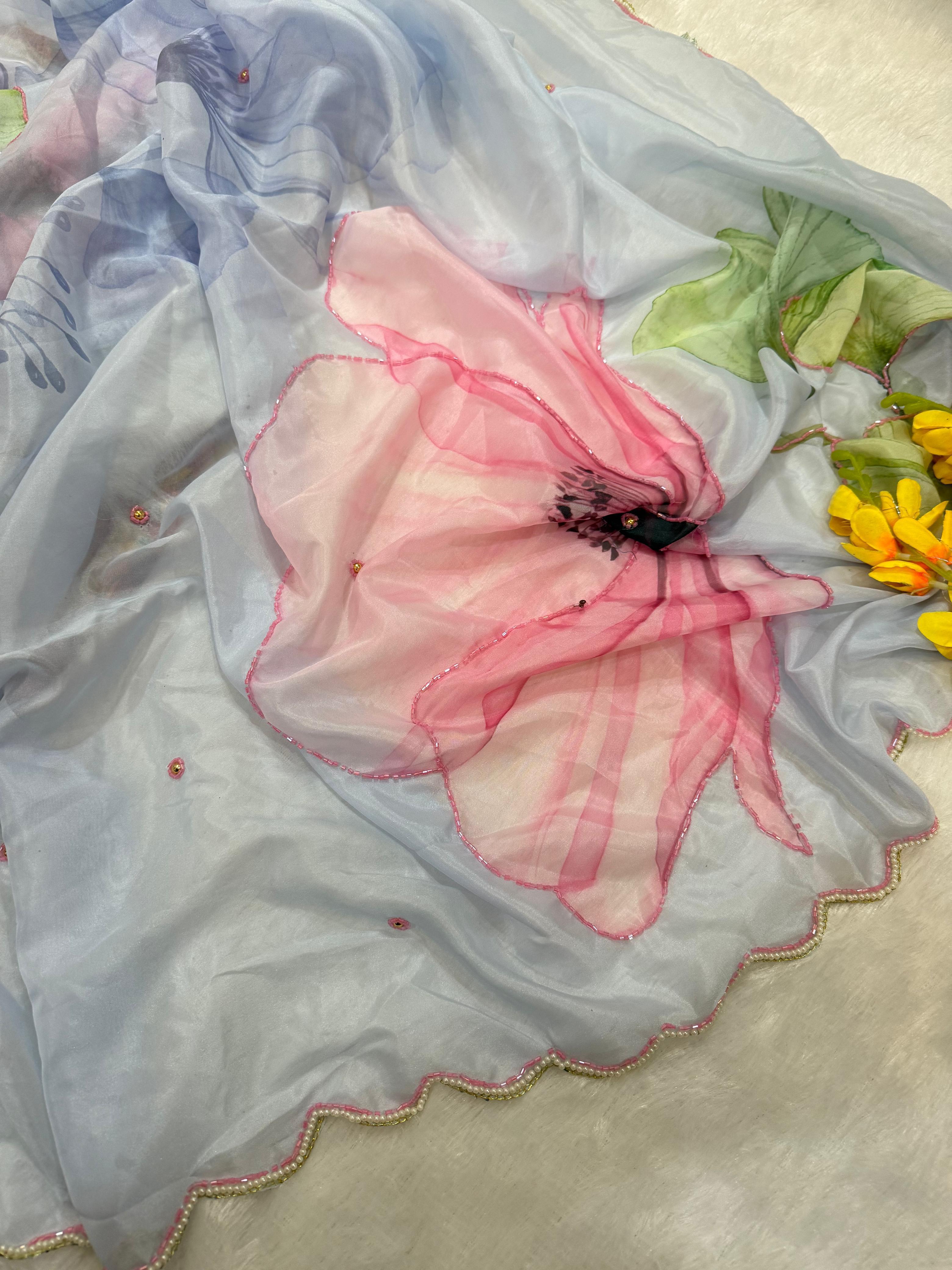 Royalstyle Saree Women's And Girls Soft taby silk With Heavy Handwork Work On Saree flower print with cutdana n pearl work on border with Arca