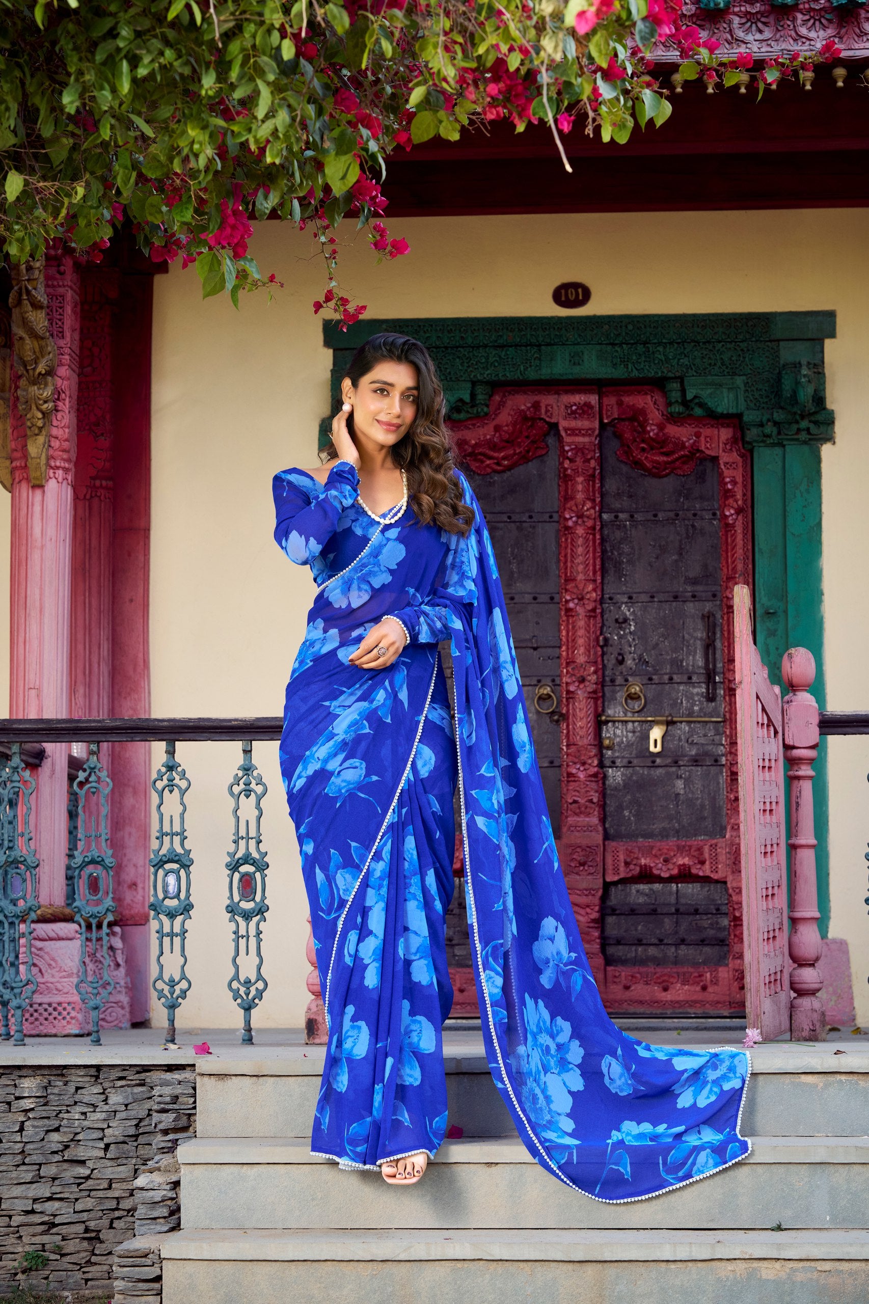 Wonderful Blue Floral Printed Chiffon Office Wear Saree With Blouse
