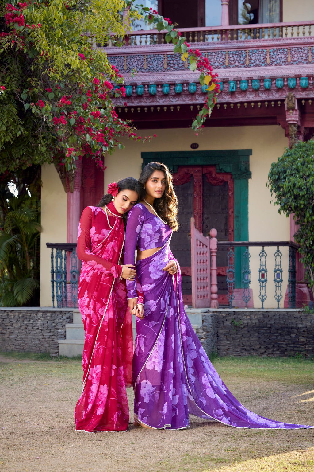 Wonderful Blue Floral Printed Chiffon Office Wear Saree With Blouse