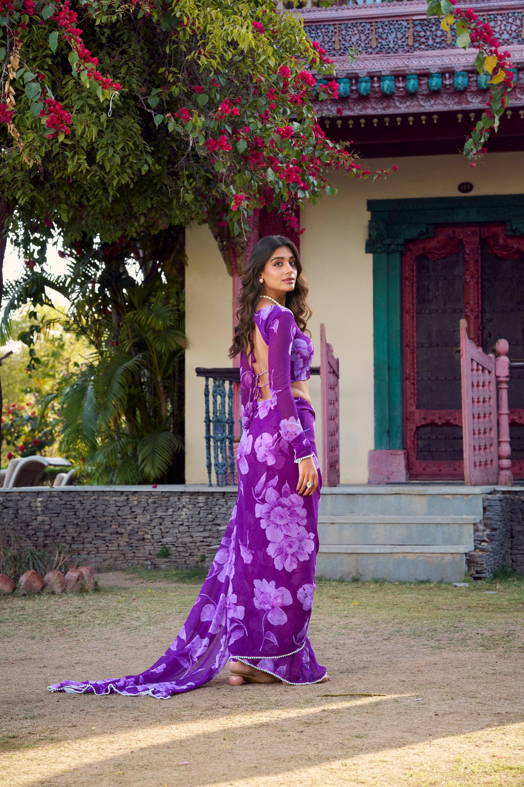 Wonderful Blue Floral Printed Chiffon Office Wear Saree With Blouse