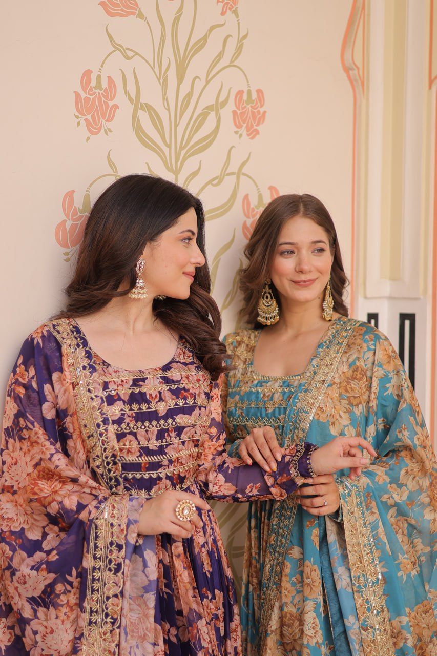 Russian Silk Rich Digital Print Premium
Readymade Gown With Embroidered
Sequins Work Less