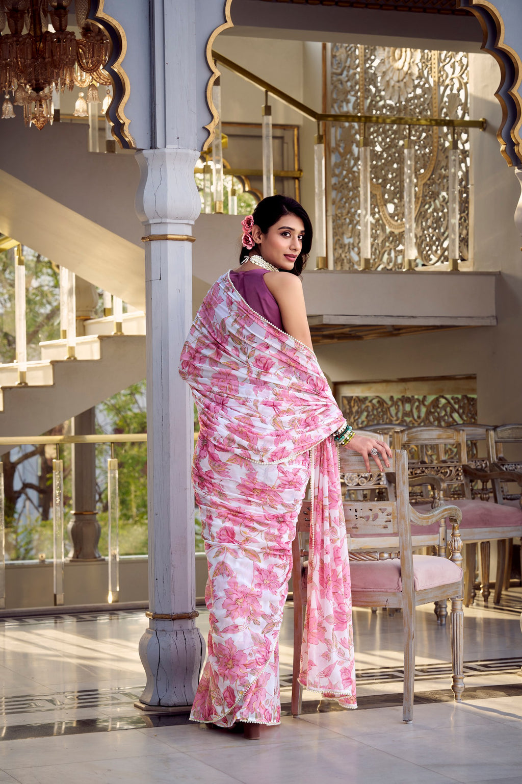 Digital Printed Violet Floral Print With Pearl Lace Border Weightless Marble Saree
