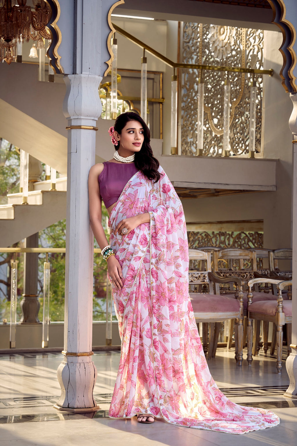 Digital Printed Violet Floral Print With Pearl Lace Border Weightless Marble Saree