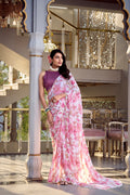 Digital Printed Violet Floral Print With Pearl Lace Border Weightless Marble Saree