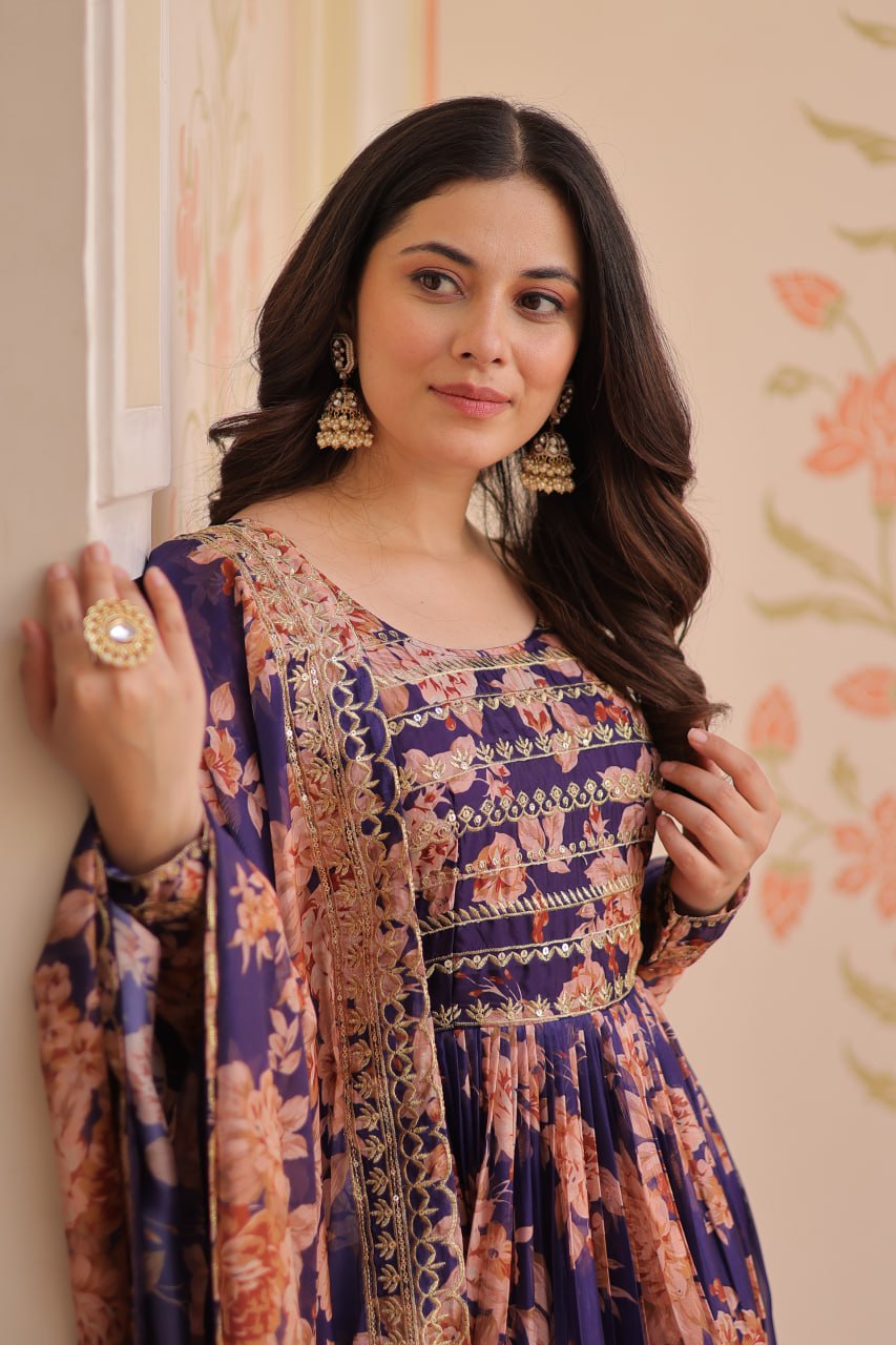 Russian Silk Rich Digital Print Premium
Readymade Gown With Embroidered
Sequins Work Less