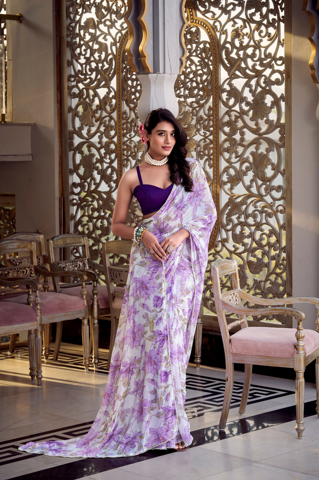Digital Printed Violet Floral Print With Pearl Lace Border Weightless Marble Saree