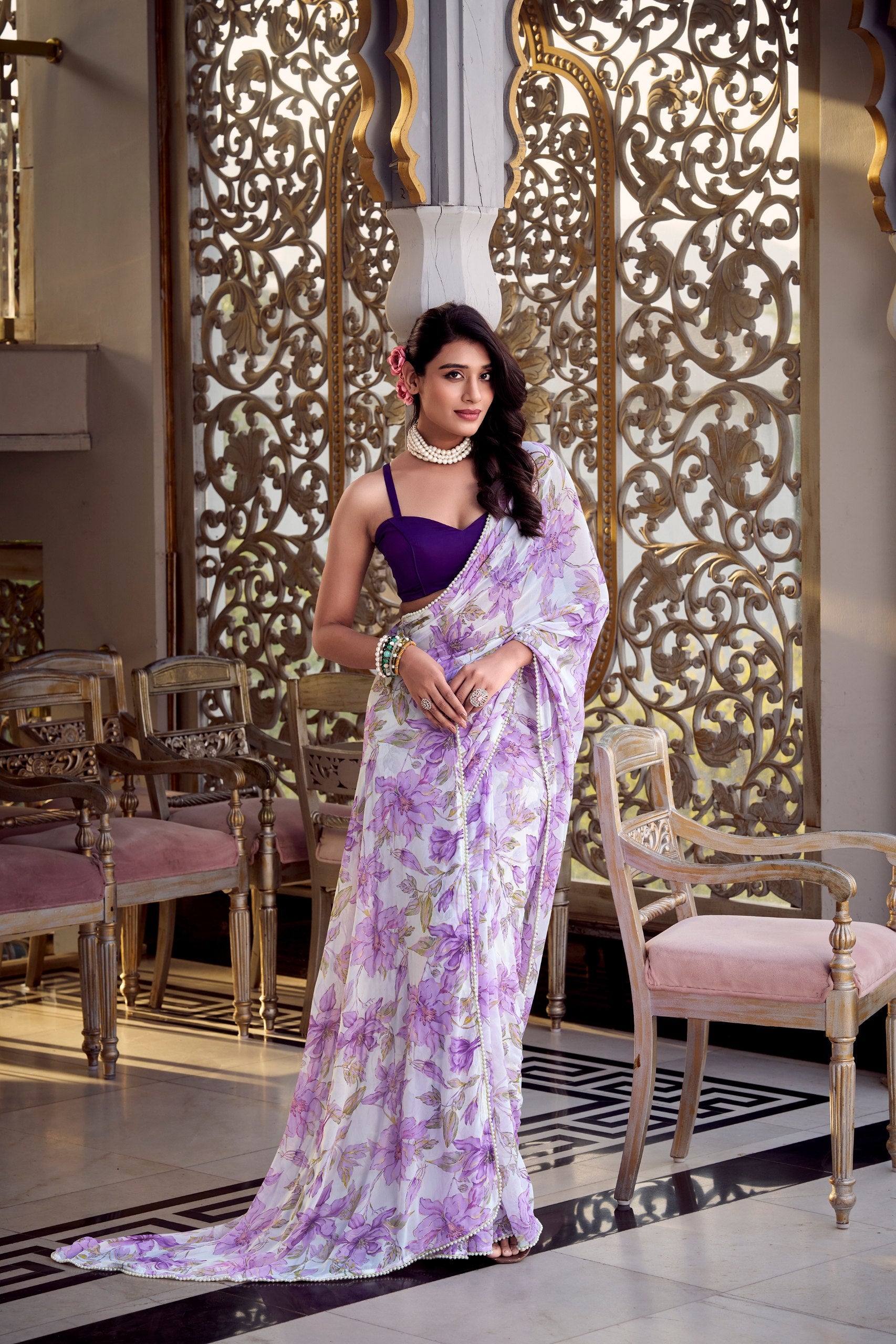Digital Printed Violet Floral Print With Pearl Lace Border Weightless Marble Saree